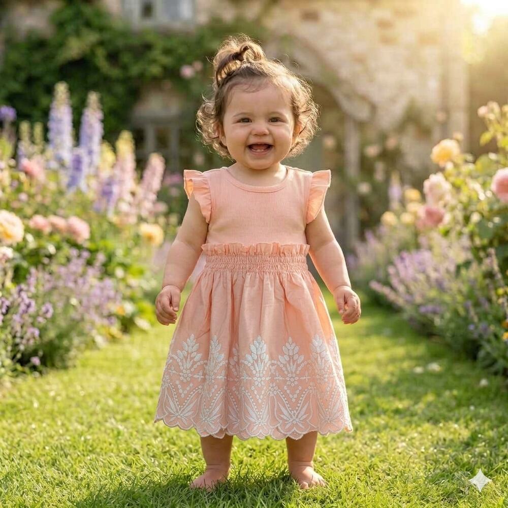 Joie Baby Girl Peach Pink Eyelet Dress 12M Ruffle Smocked Ribbed Bodice Cotton